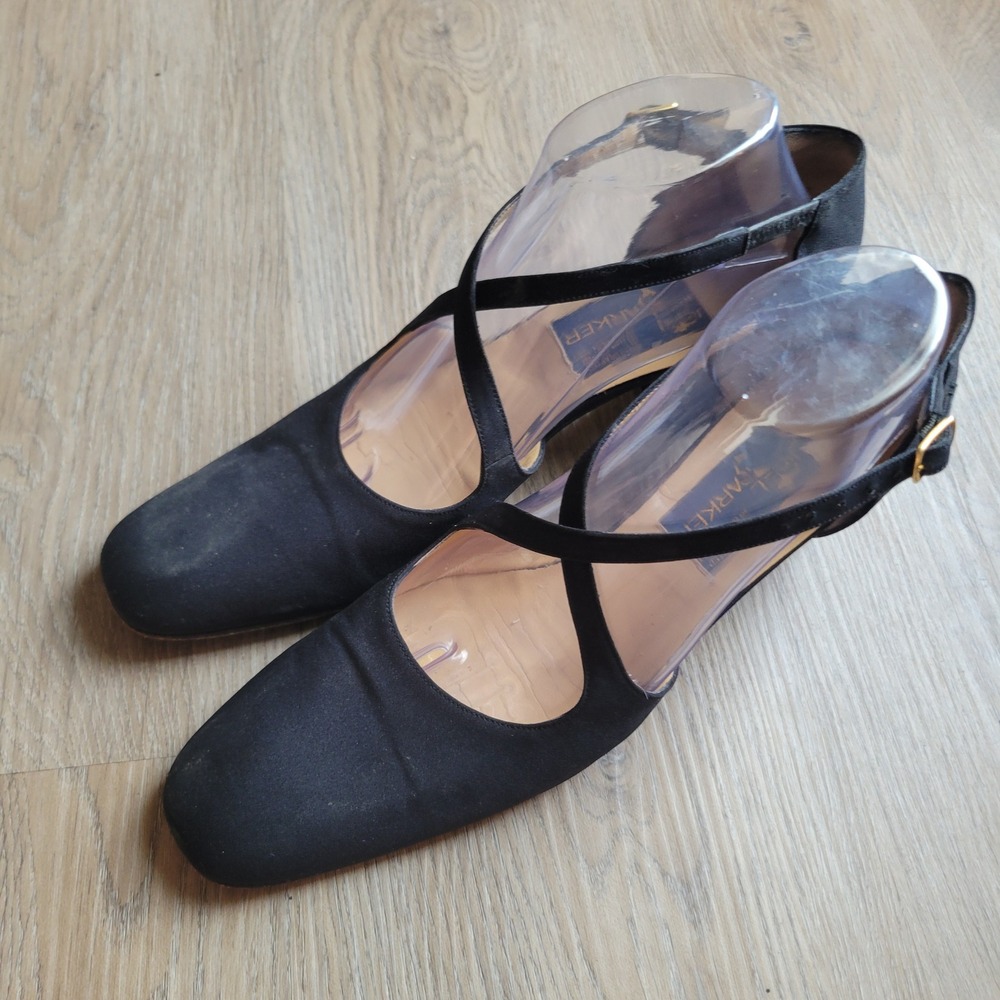 Russel Parker Women Heels 10.5‎ Black Satin Cross Strap Italian Vintage Narrow